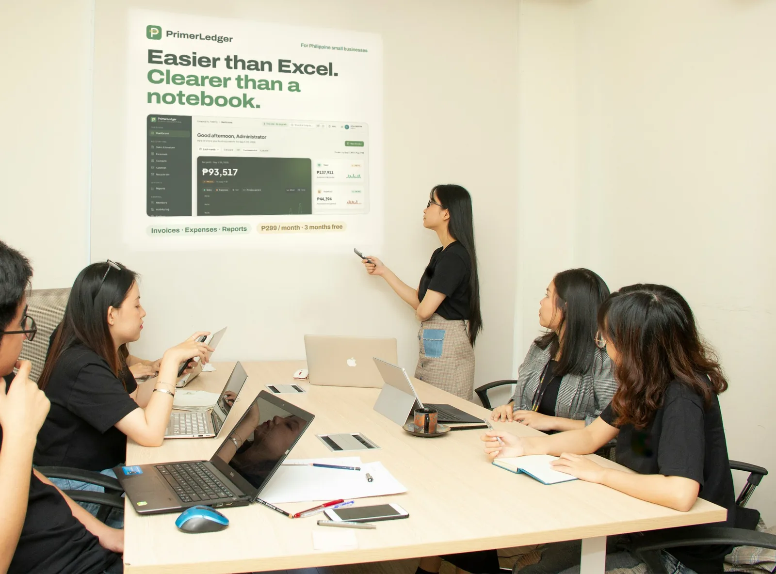 A presenter walks a small team through PrimerLedger on a projector screen: the dashboard with the month's sales, expenses and net profit