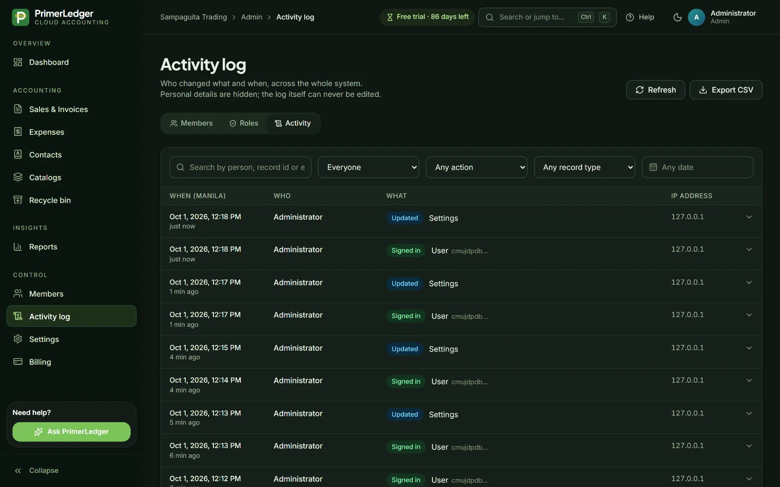 Activity log listing each change with the person and the time