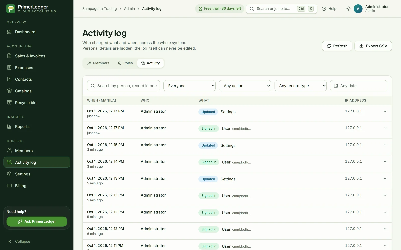 Activity log listing each change with the person and the time