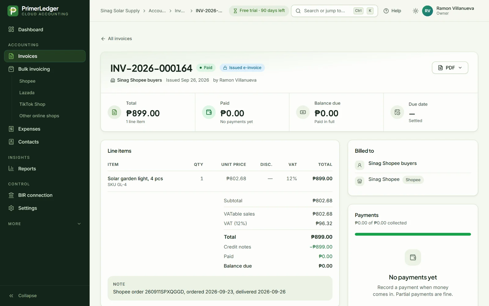 An issued e-invoice in PrimerLedger with its credit note, the platform payment and the e-invoice data