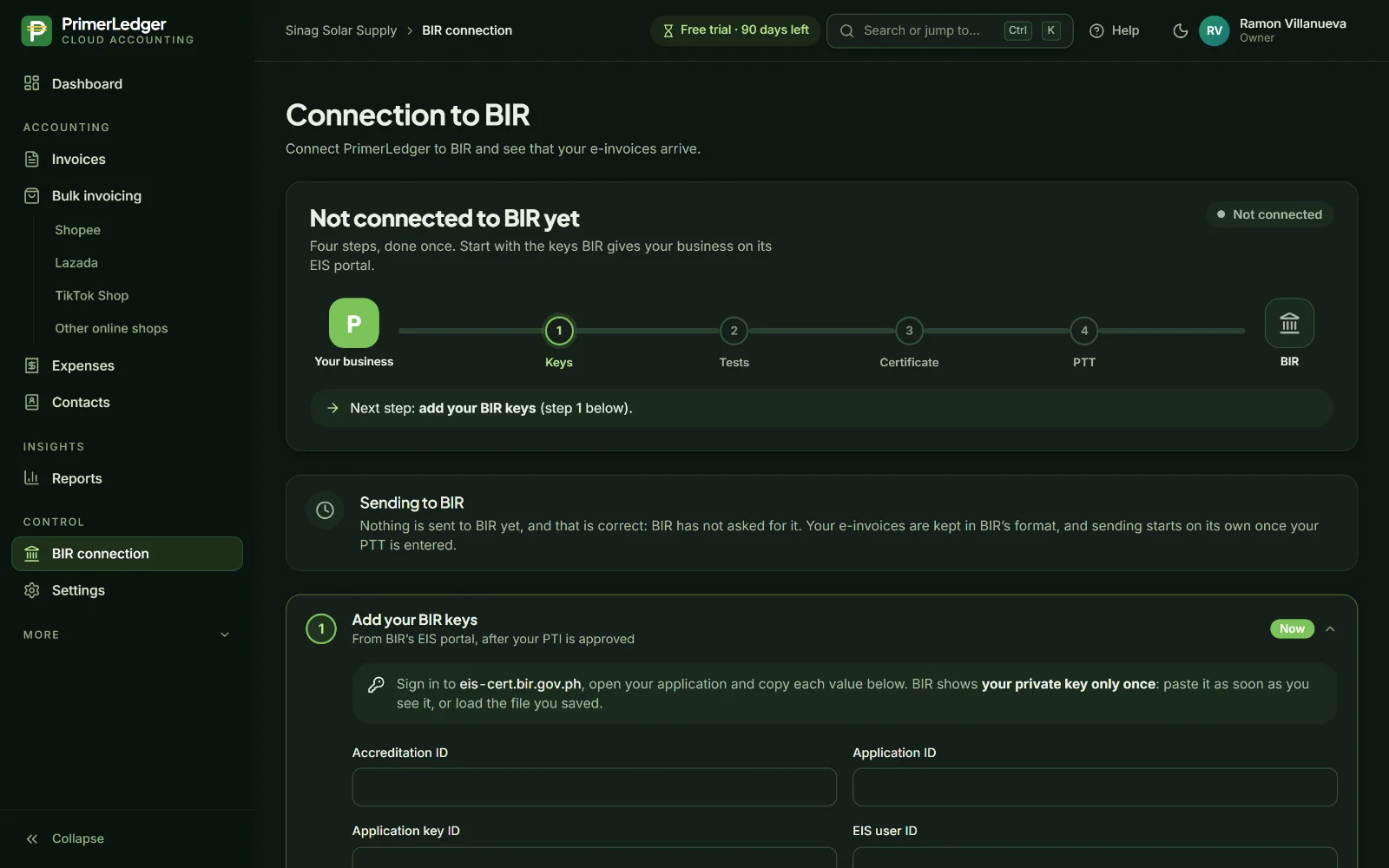 BIR connection page: the line from the business to BIR with its four steps