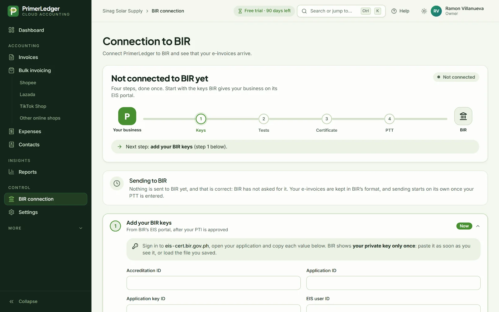 BIR connection page: the line from the business to BIR with its four steps