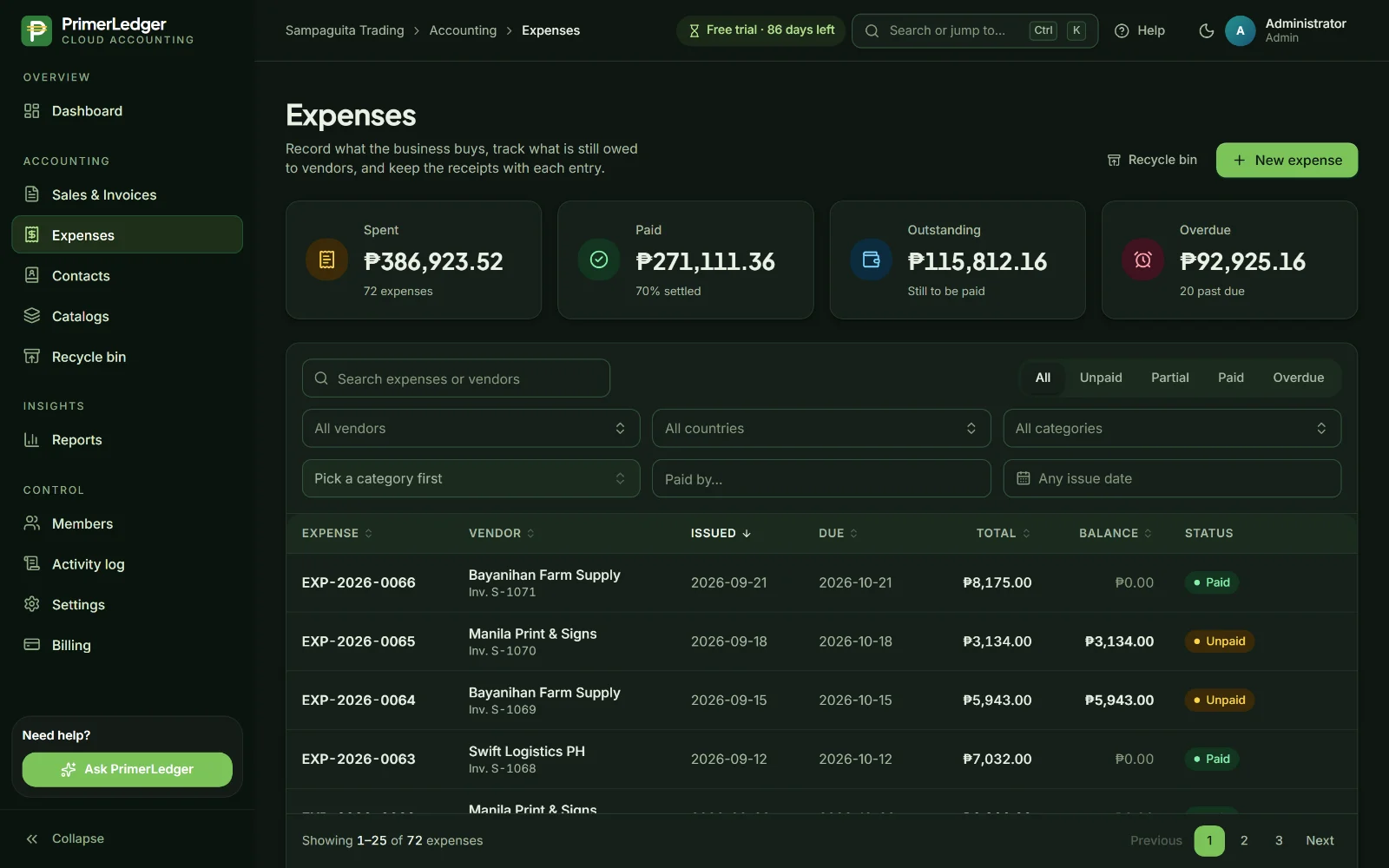 Expense list with suppliers, categories and payment status