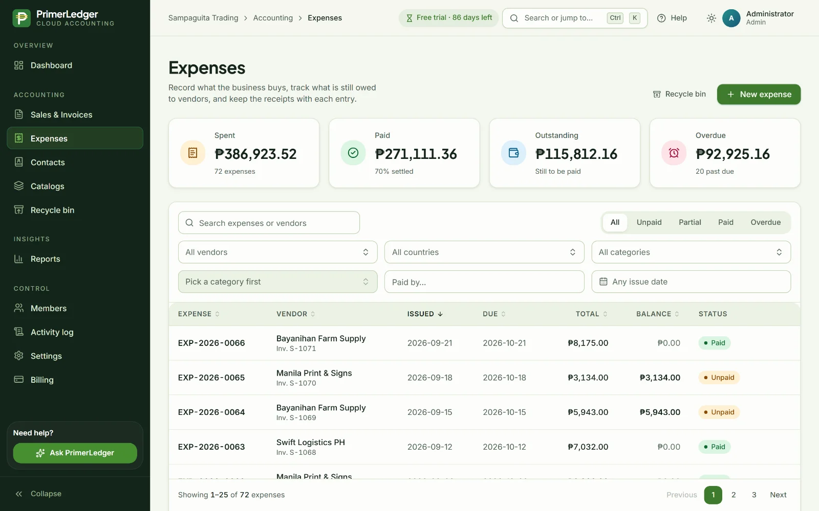 Expense list with suppliers, categories and payment status
