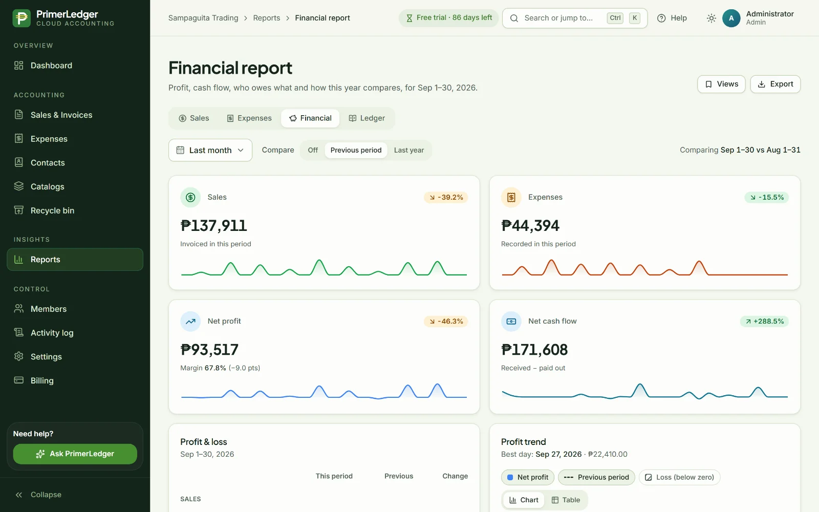 Financial report with profit and loss and the cash flow chart