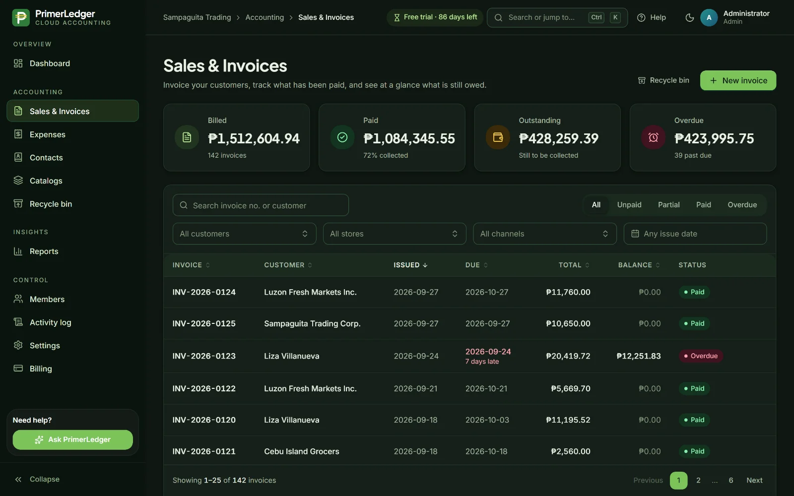 Invoice list showing paid, partial and overdue invoices with balances