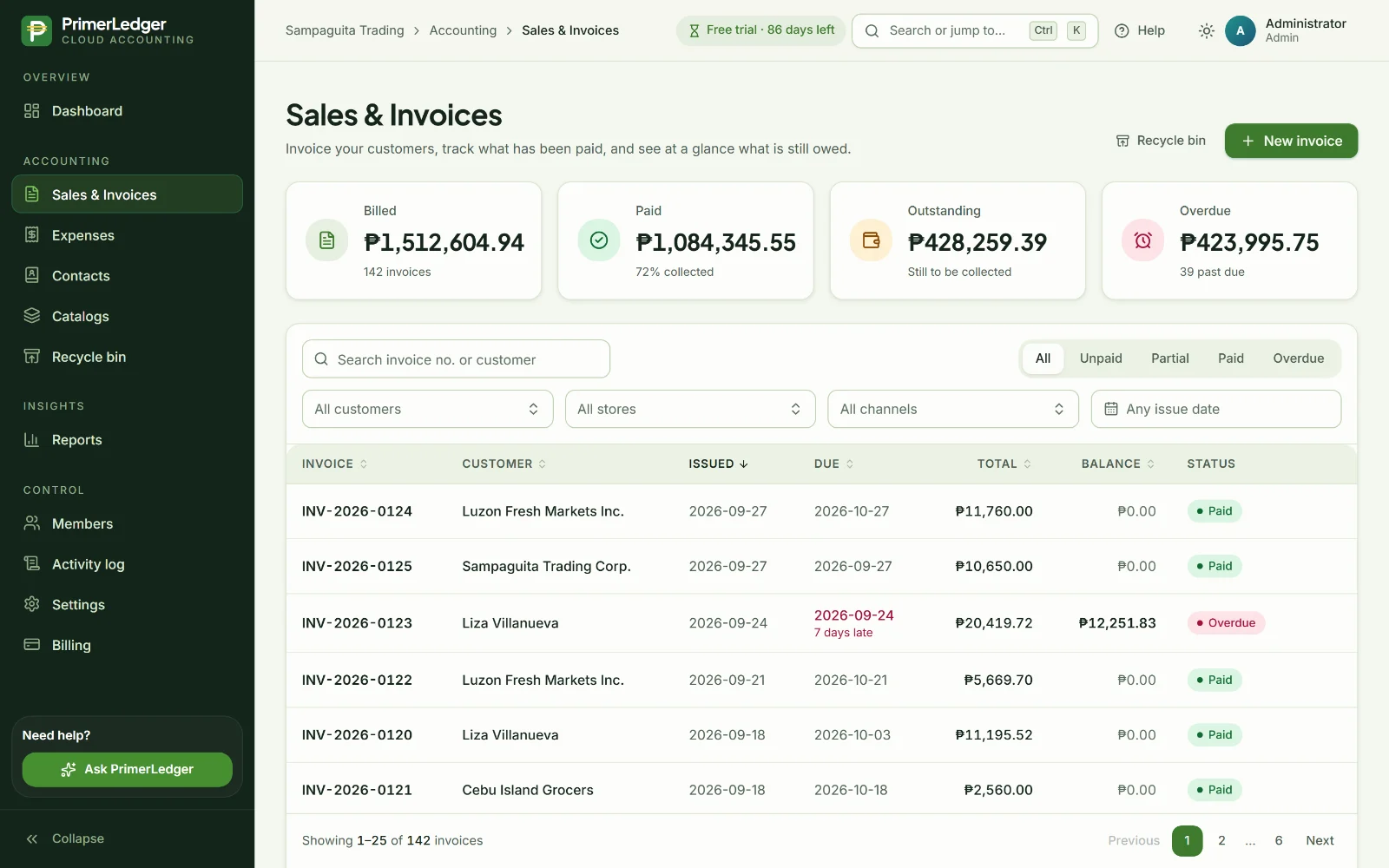 Invoice list showing paid, partial and overdue invoices with balances