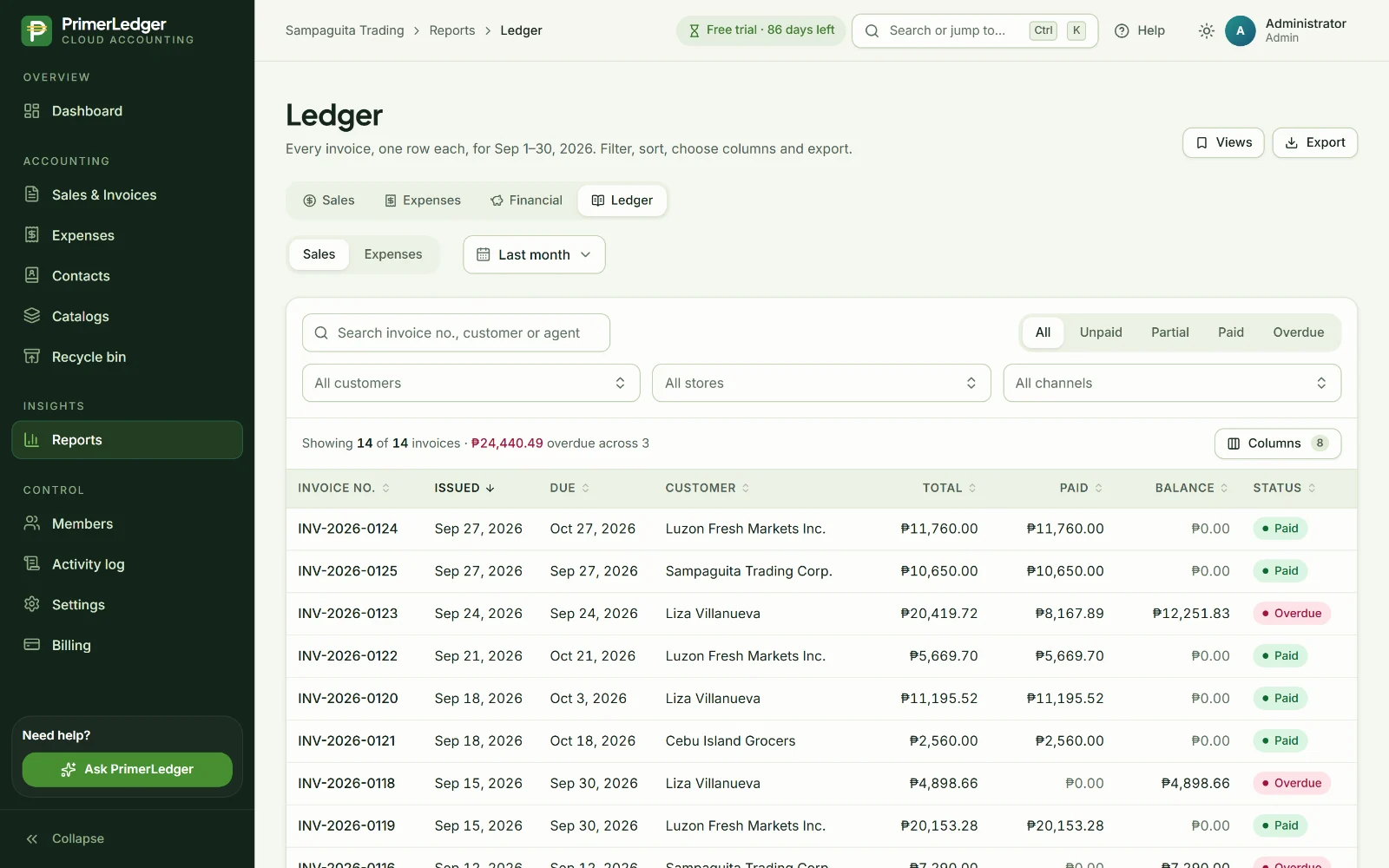 Ledger with filters, chosen columns and the export button