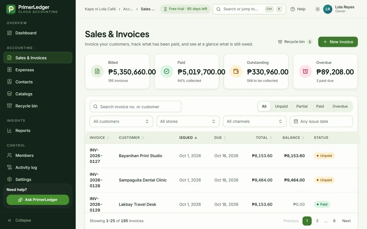 The Sales & Invoices list with billed, paid, outstanding and overdue totals above it and the New invoice button