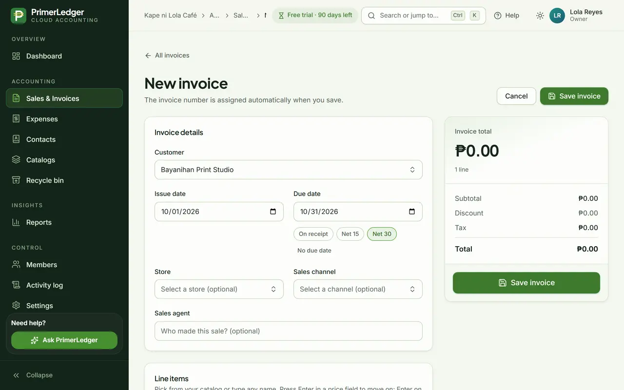 Invoice form with Bayanihan Print Studio chosen as the customer and Net 30 terms selected