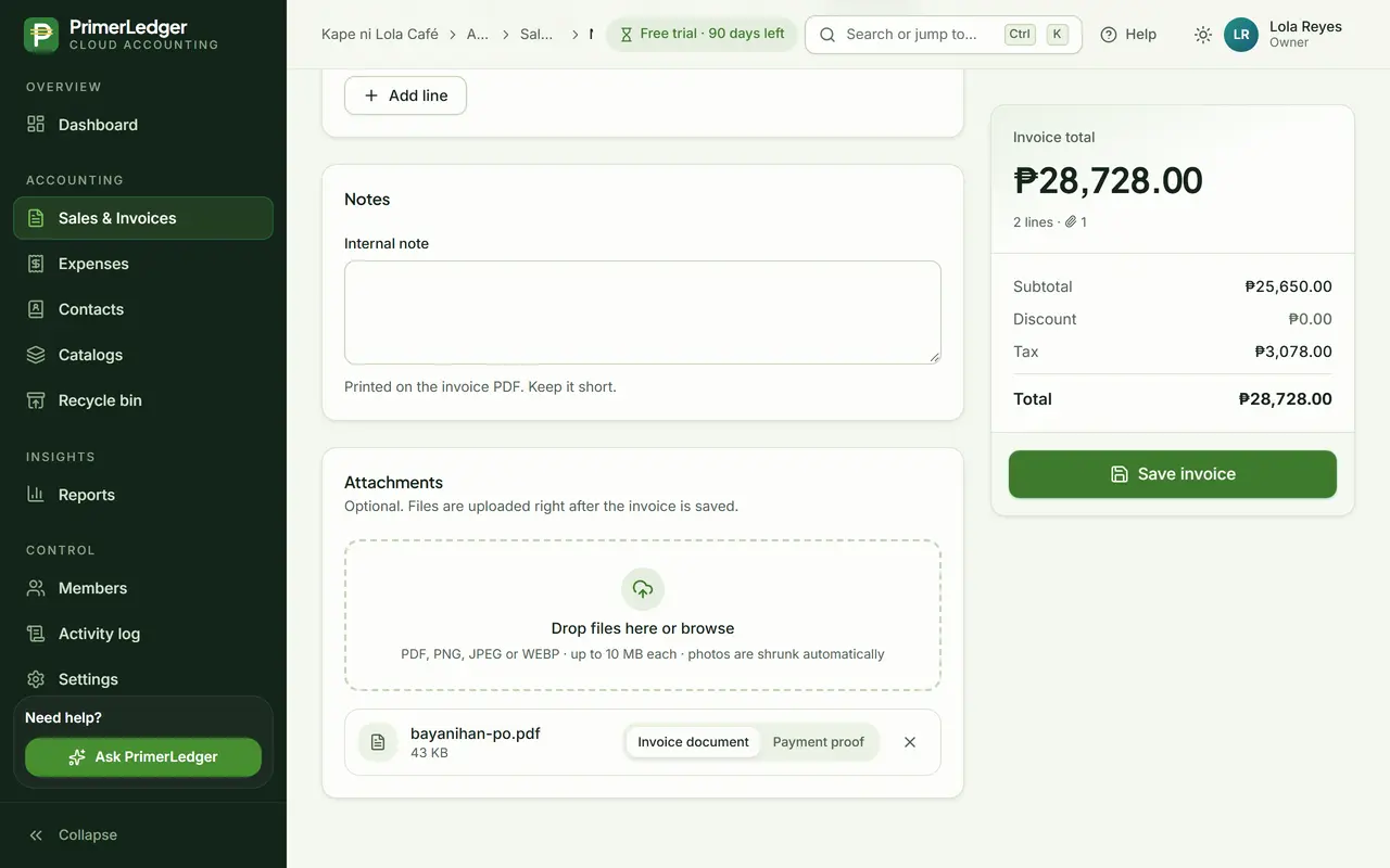 Attachments area with the purchase order PDF added, and the Save invoice button