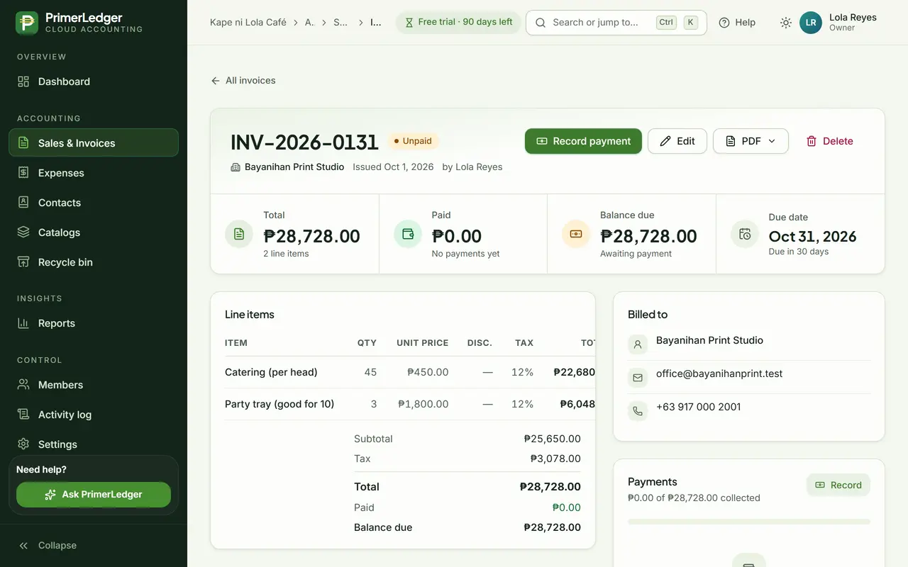 An unpaid invoice for Bayanihan Print Studio with total, paid, balance due and due date tiles