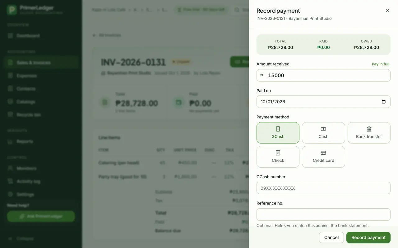The Record payment form with ₱15,000 typed in and GCash selected as the method