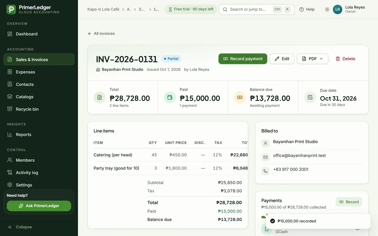 The invoice now Partial, with ₱15,000 paid and the remaining balance due