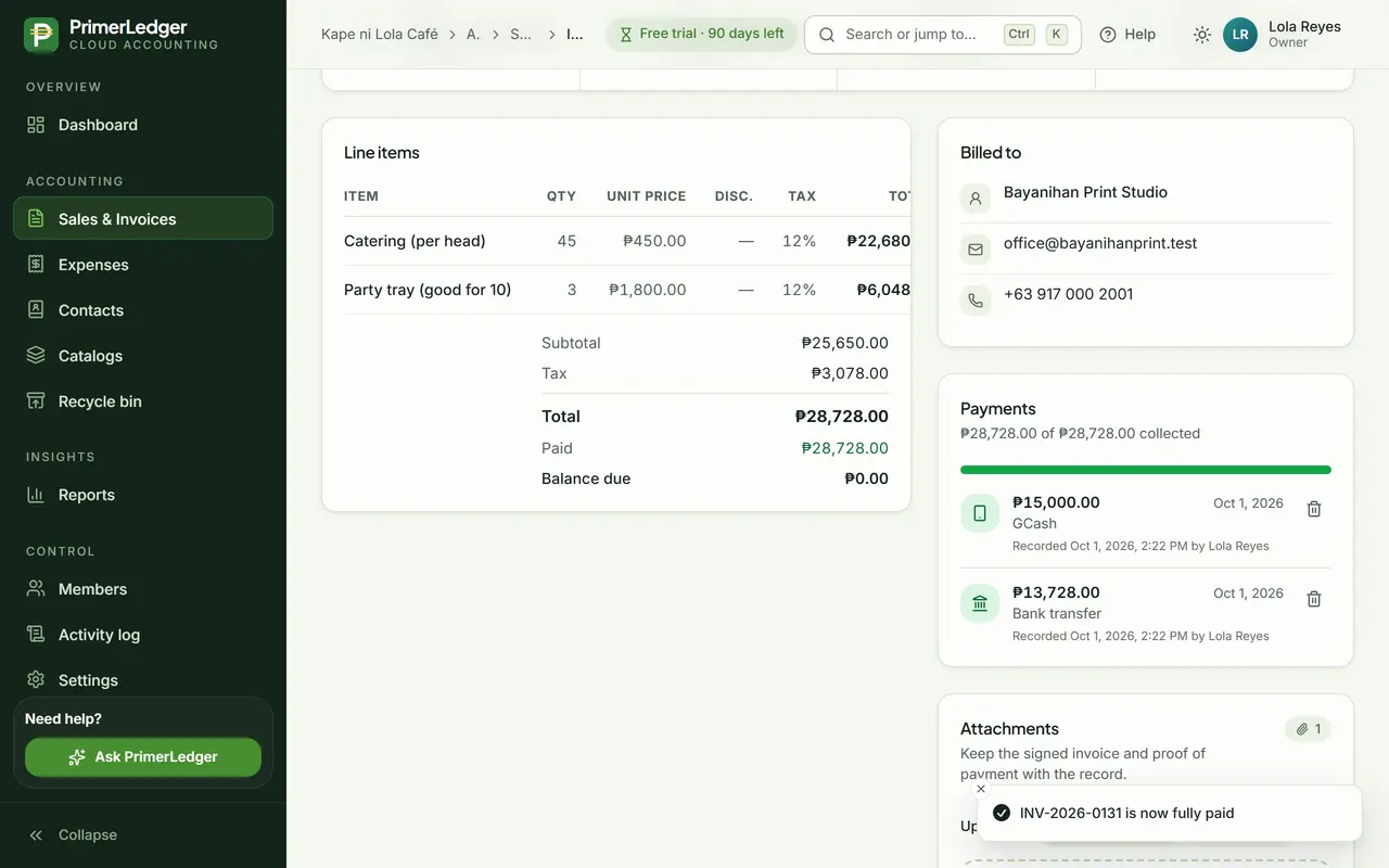 The invoice marked Paid, with two payments listed: GCash and bank transfer
