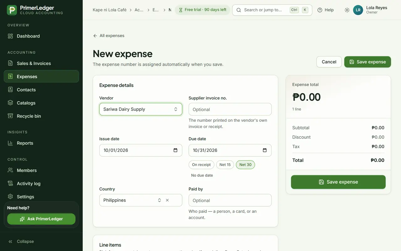 New expense form with Sariwa Dairy Supply chosen as the vendor