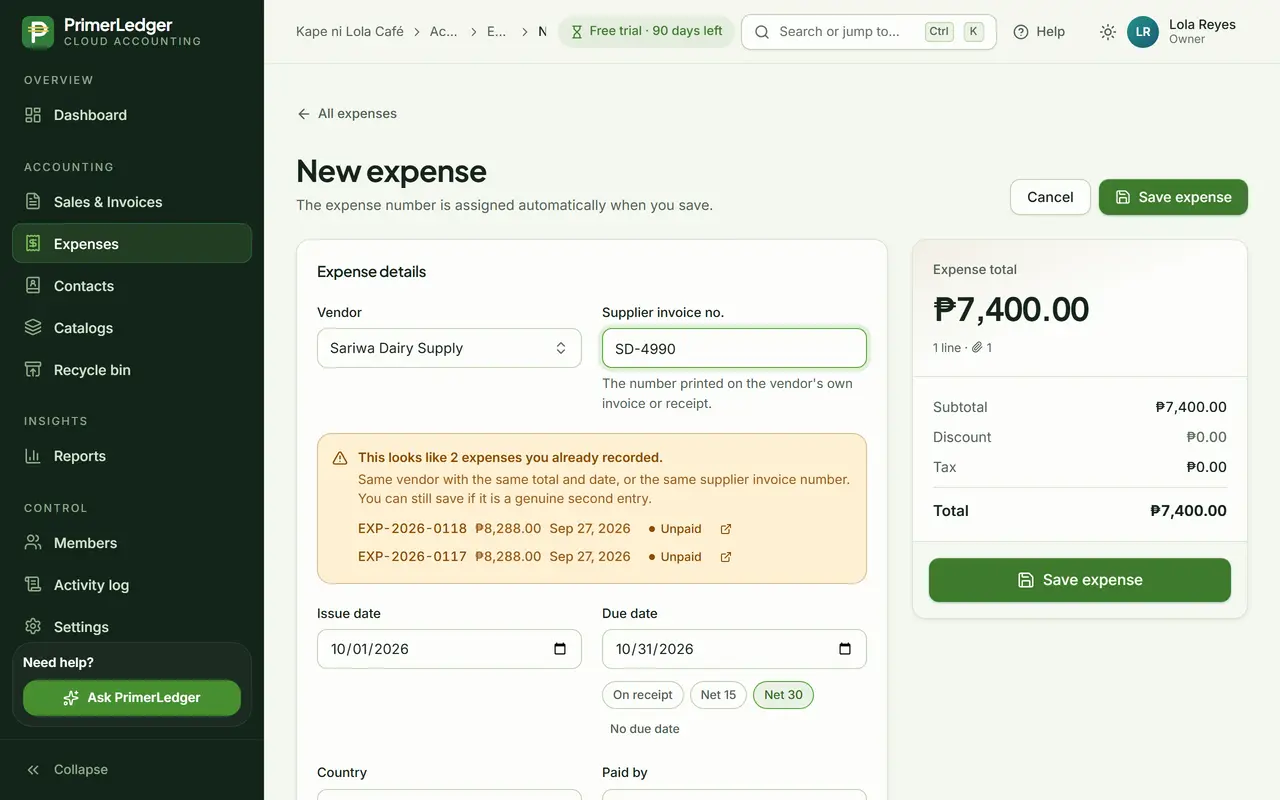 A warning above the form: this looks like 2 expenses you already recorded, listing them