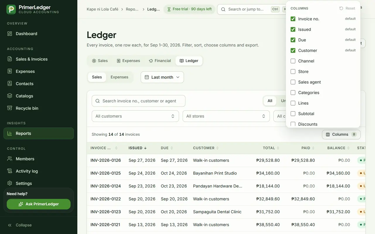 The column chooser open, listing the ledger columns with checkboxes