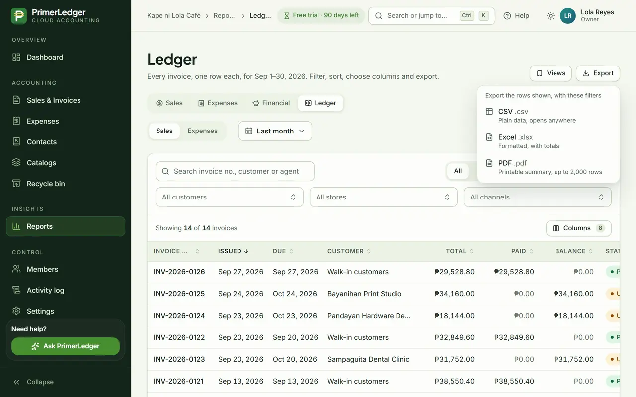 The Export menu open with Excel, CSV and PDF options