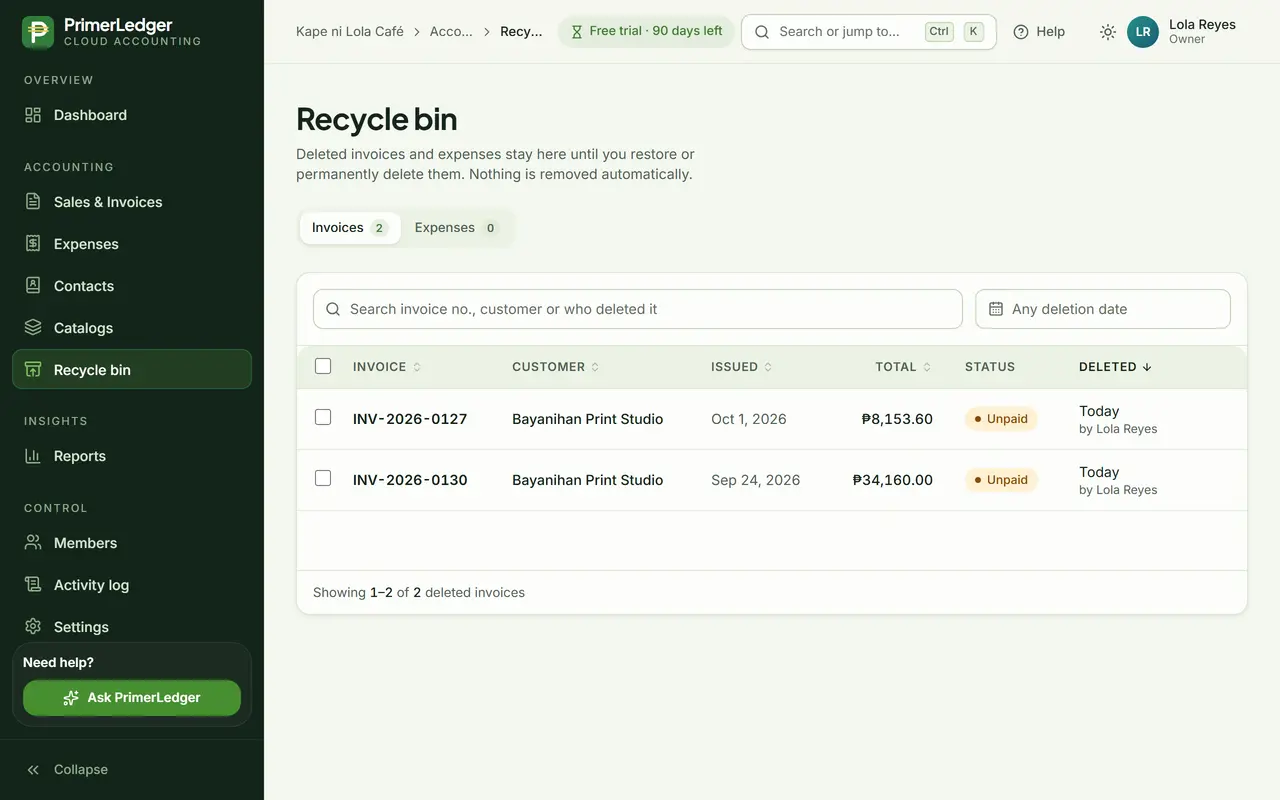 The Recycle Bin listing the deleted invoice with who deleted it and when