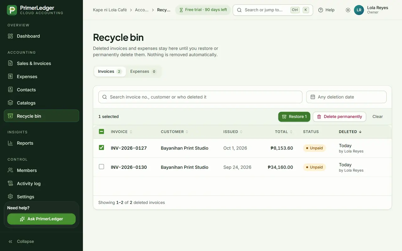 The deleted invoice selected in the Recycle Bin with the Restore button highlighted