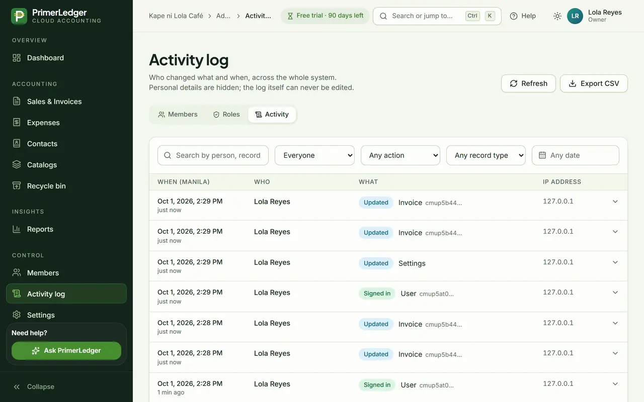 The activity log with the latest entries for the invoice, made by Lola Reyes a moment ago