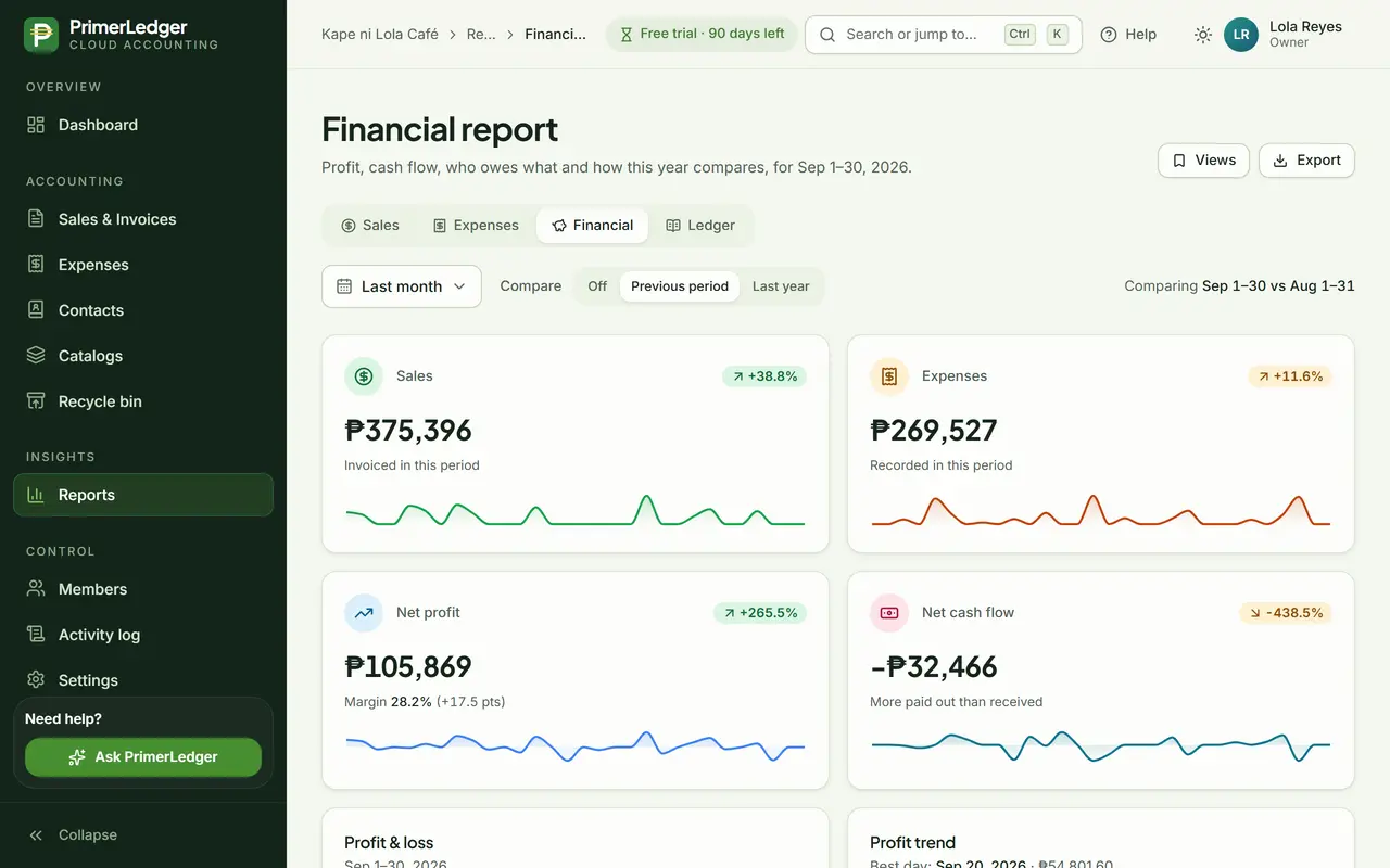 The financial report with sales, expenses, net profit and net cash flow cards and the profit and loss table