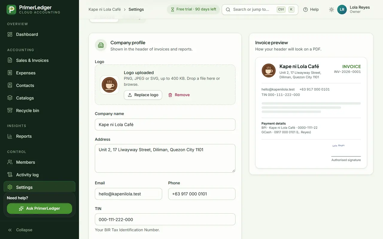 The company profile settings with the logo, company name, address, email, phone and TIN