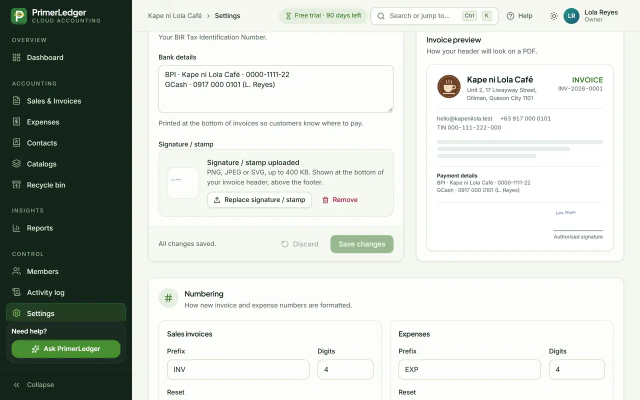 Bank details and the uploaded signature in the company profile