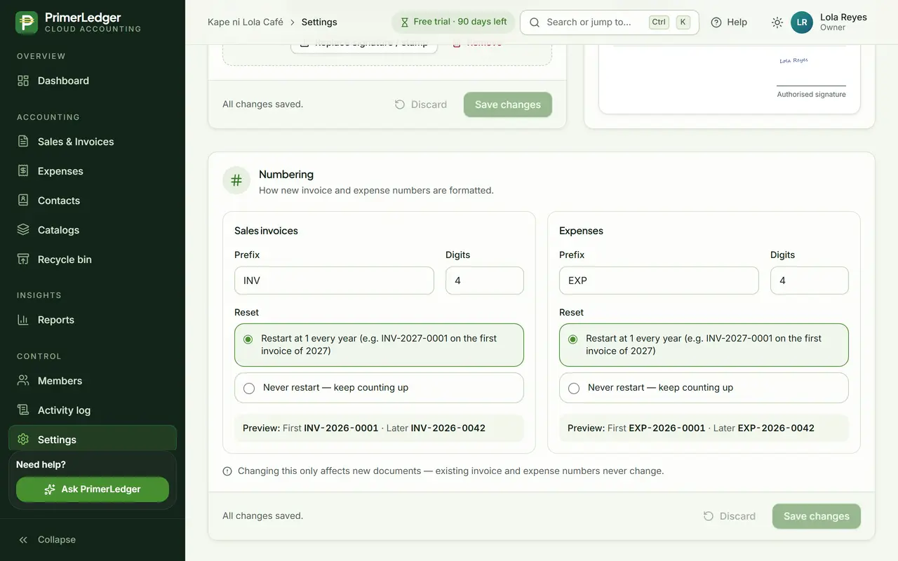 Numbering settings for sales invoices and expenses: prefix, digits and yearly restart