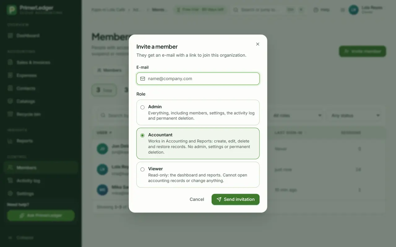 The Invite member form with an e-mail address and a role to choose